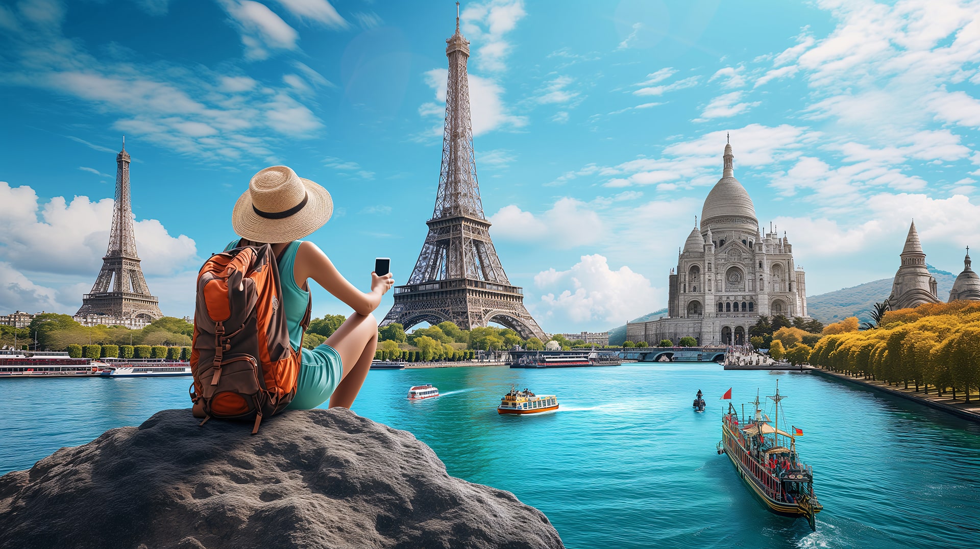 woman-with-backpack-sits-stone-front-collage-cities-min